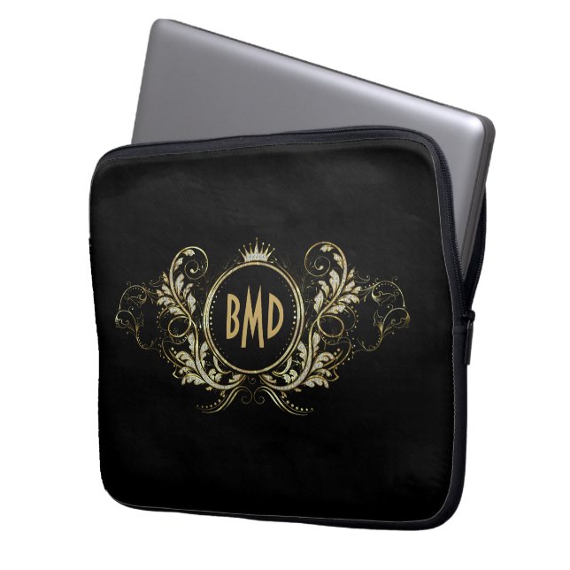 Capa Para Notebook Moldura Floral Feminina Preta e com Brilho Falso (Frente Esquerda)