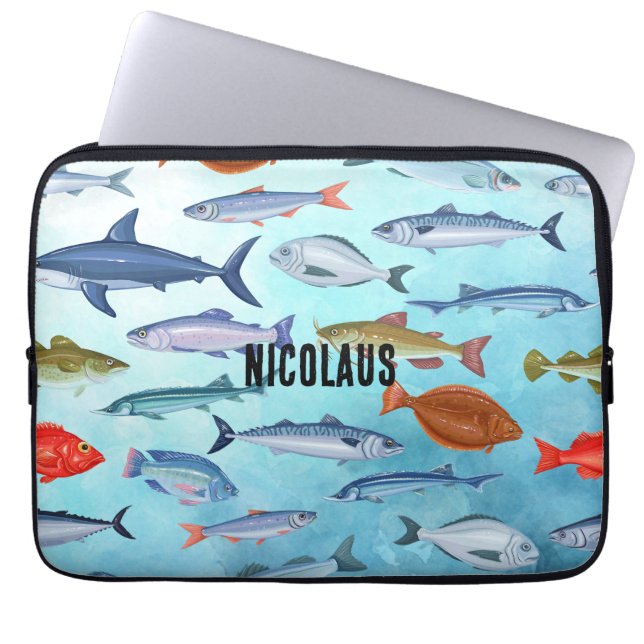 Capa Para Notebook Monograma adorável peixe do oceano Padrão azul mod (Frente)