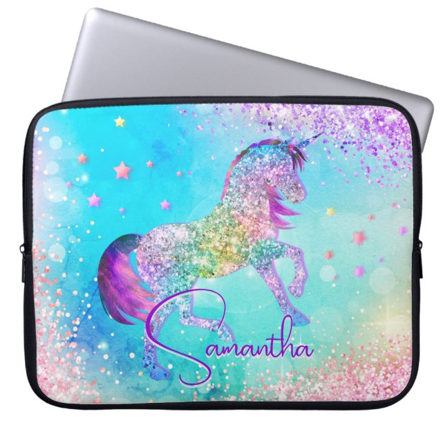 Capa Para Notebook Monograma aqua branco de unicórnio rosa brilhante (Frente)