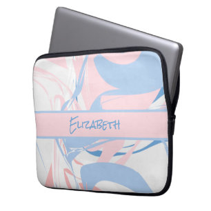 Capa Para Notebook Monograma Azul Branco Rosa Redemoinho de Mármore