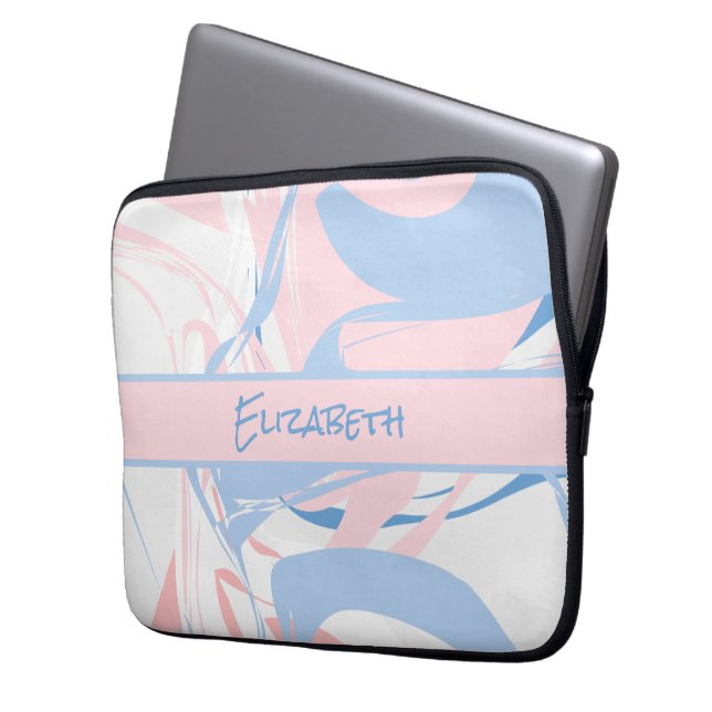 Capa Para Notebook Monograma Azul Branco Rosa Redemoinho de Mármore  (Frente Esquerda)