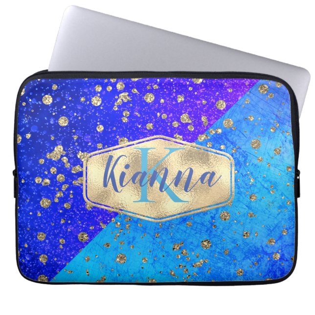 Capa Para Notebook Monograma Azul de Sonho com Glittery Personalizado (Frente)