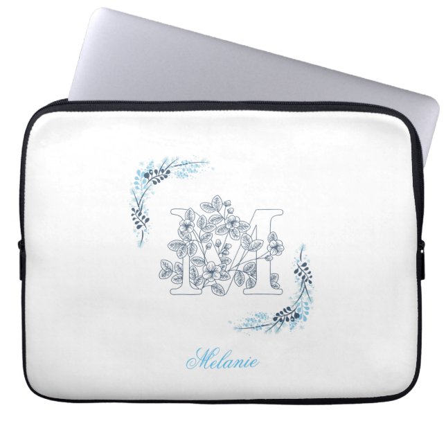 Capa Para Notebook Monograma Azul Floral (Frente)
