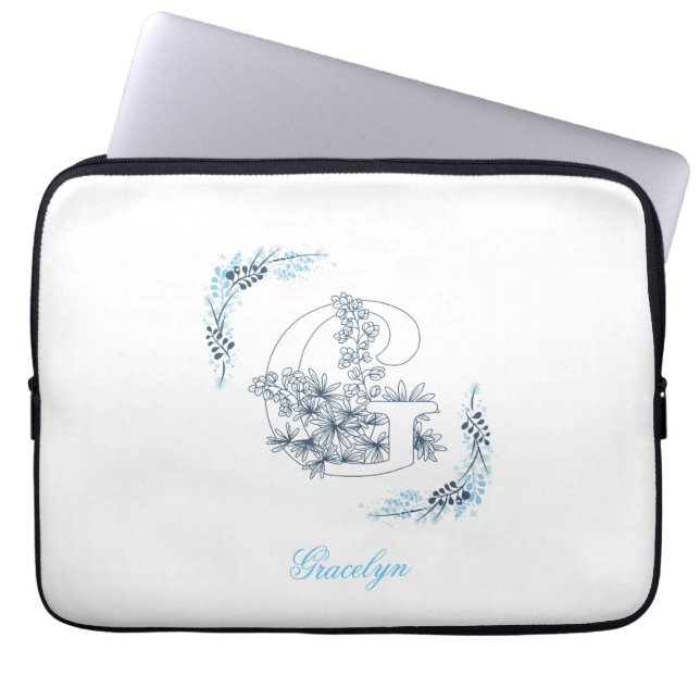 Capa Para Notebook Monograma Azul Floral Calm (Frente)