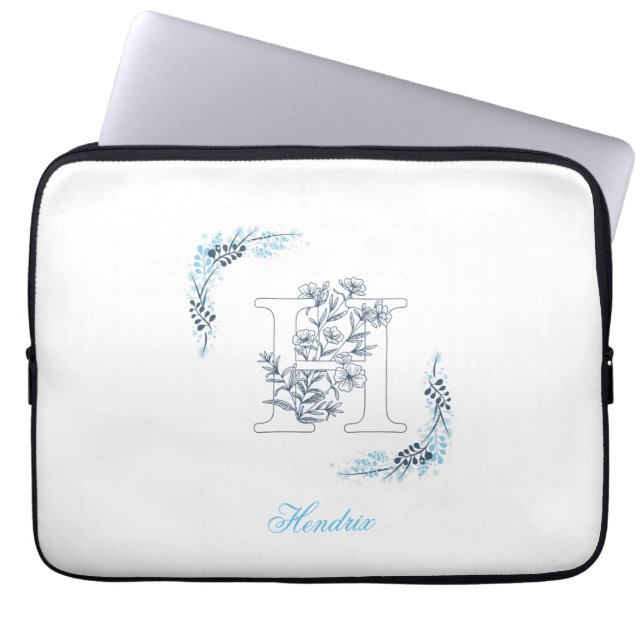 Capa Para Notebook Monograma azul inicial Calm Floral (Frente)