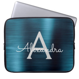Capa Para Notebook Monograma Azul Metálico Moderno Chic Stainless Ste
