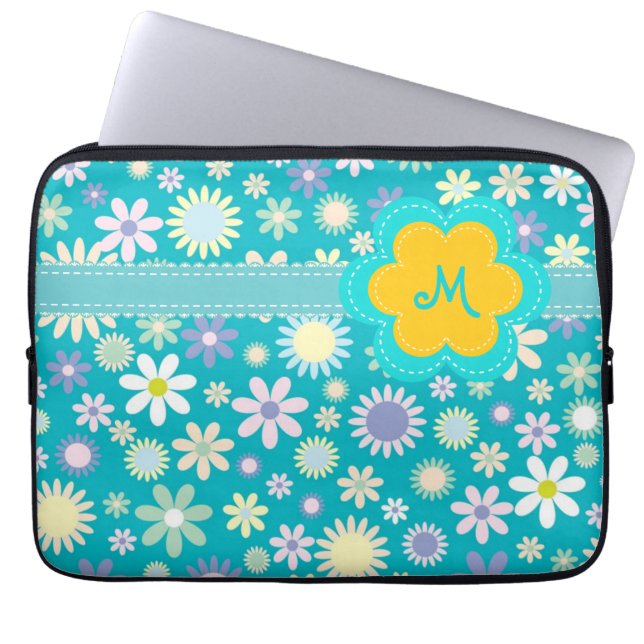 Capa Para Notebook Monograma azul retro de flower power (Frente)