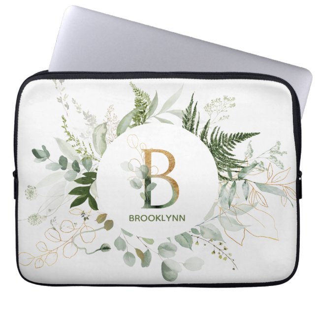 Capa Para Notebook Monograma B Fern e Bolsa de laptop Suculenta Elega (Frente)