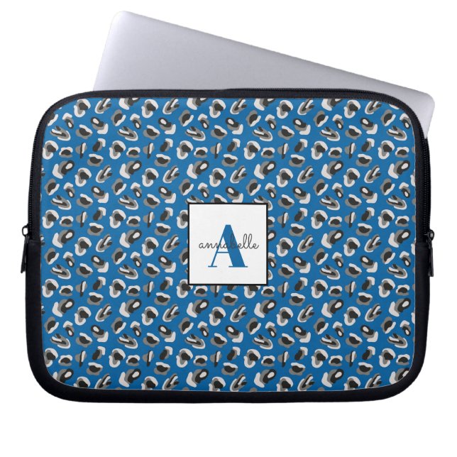 Capa Para Notebook Monograma Blue Leopard Impressão Personalizada (Frente)