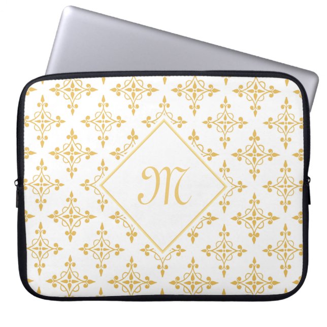 Capa Para Notebook Monograma Branco e Dourado Quatre Floral (Frente)