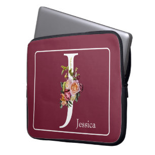Capa Para Notebook Monograma Branco Floral Rosa em Burgundy com Nome