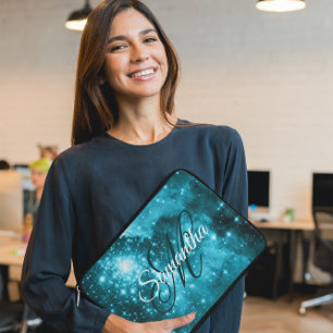 Capa Para Notebook Monograma Celestial Aqua Teal Starry Sparkle Rico