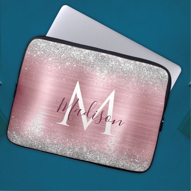 Capa Para Notebook Monograma cinzento de cintilação prateada com rosa (Criador carregado)