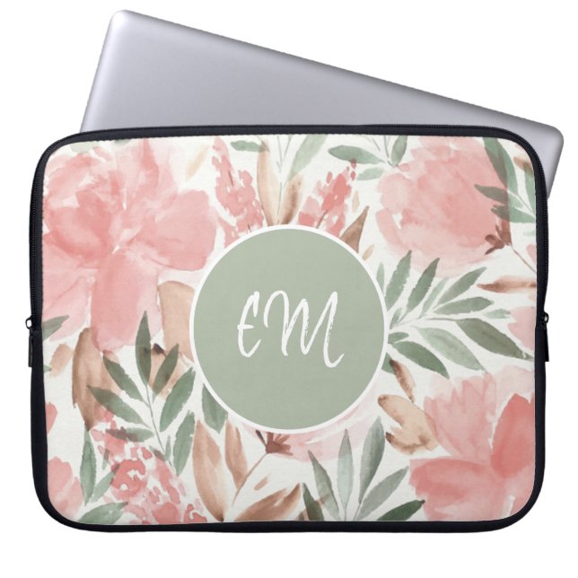 Capa Para Notebook Monograma com padrão floral em aquarela (Frente)
