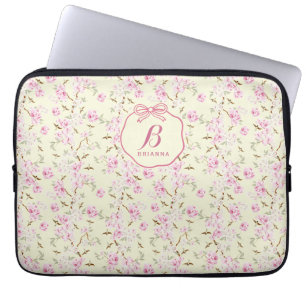 Capa Para Notebook Monograma Coquete de Flor Feminina Amarela Rosa