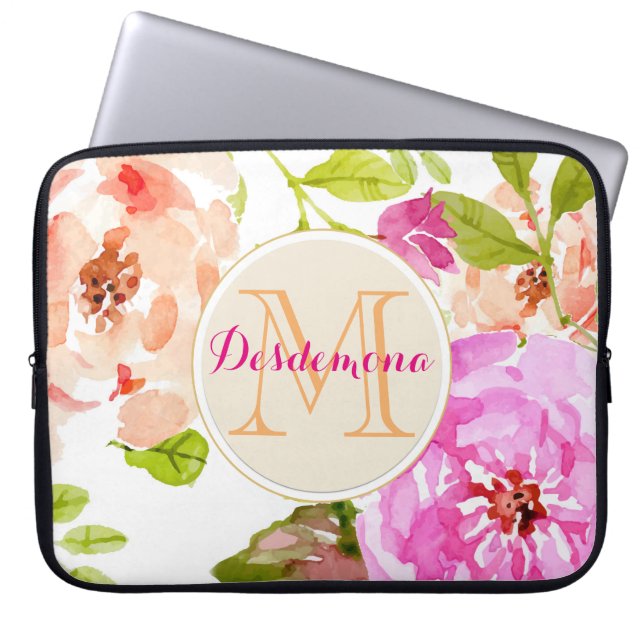 Capa Para Notebook Monograma cor-de-água rosa Floral (Frente)