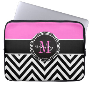 Capa Para Notebook Monograma cor-de-rosa e preto de Chevron elegante