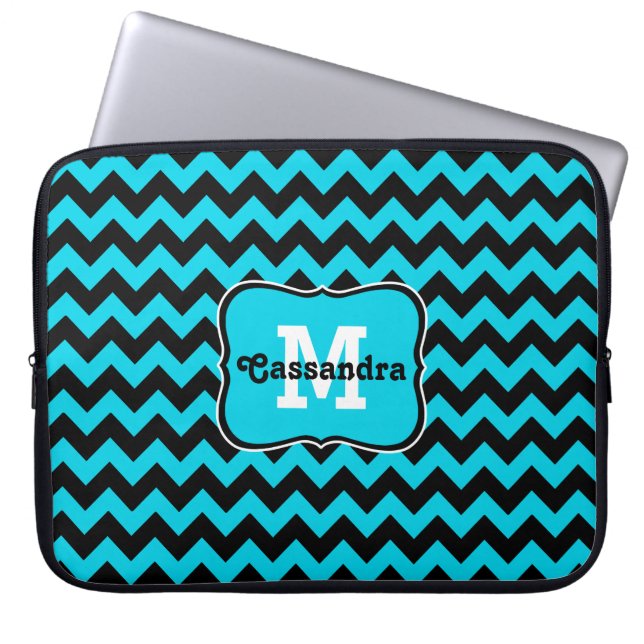 Capa Para Notebook Monograma da turquesa e do padrão de evron preto (Frente)