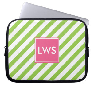 Capa Para Notebook Monograma das faixas náuticas verde e rosa