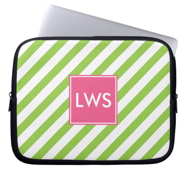 Capa Para Notebook Monograma das faixas náuticas verde e rosa (Frente)