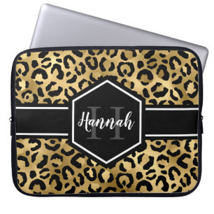 Capa Para Notebook Monograma das Manchas Leopardo Pretas Douradas