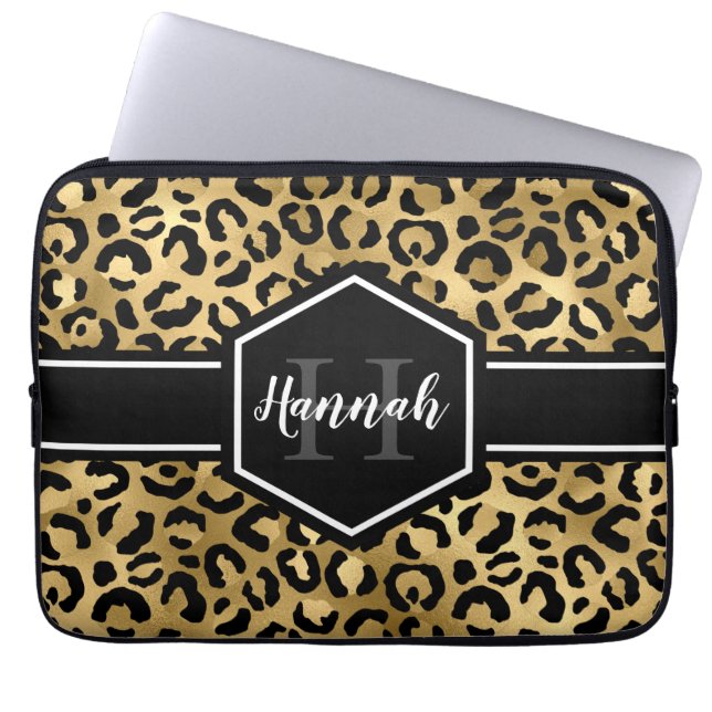 Capa Para Notebook Monograma das Manchas Leopardo Pretas Douradas (Frente)