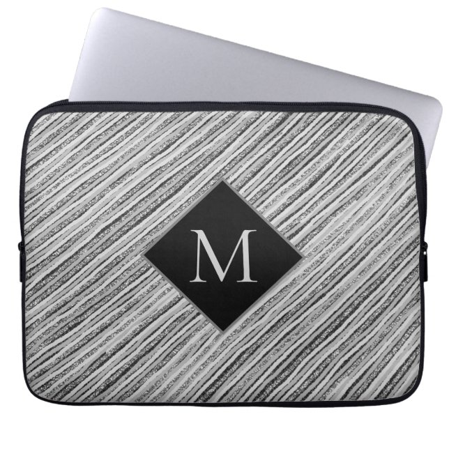 Capa Para Notebook Monograma das tiras brancas pretas de prata modern (Frente)