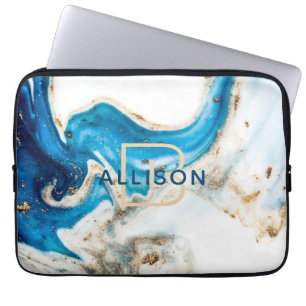 Capa Para Notebook Monograma de Abstrato branco azul-Dourado
