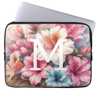 Capa Para Notebook Monograma de aquarela floral com azáleas rosa e az