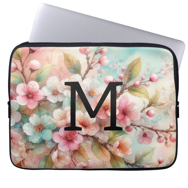 Capa Para Notebook Monograma de aquarela floral com flores de cerejei (Frente)