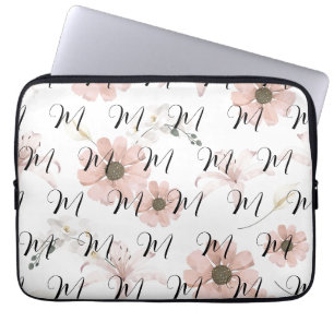 Capa Para Notebook Monograma de Arte de Flores Rosa em Aquarela