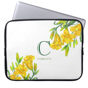 Capa Para Notebook Monograma de Arte Floral com Folha Amarela