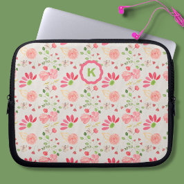 Capa Para Notebook Monograma de Botânica Floral Rosa e Verde