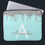 Capa Para Notebook Monograma de brilho brilhante de prata azul-lacrim<br><div class="desc">Azul Teal - Aqua e Silver Faux Derrubando o Minúsculo das Meninas Modernas e Elegantes e o Minúsculo Elegante Esparso. Esse caso pode ser personalizado para incluir seu nome inicial e próprio.</div>