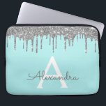 Capa Para Notebook Monograma de brilho brilhante de prata azul-lacrim<br><div class="desc">Azul Teal - Aqua e Silver Faux Derrubando o Minúsculo das Meninas Modernas e Elegantes e o Minúsculo Elegante Esparso. Esse caso pode ser personalizado para incluir seu nome inicial e próprio.</div>