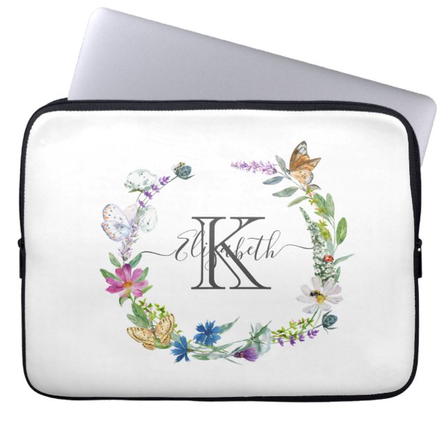 Capa Para Notebook Monograma de Caligrafia Borboletas Flores  (Frente)