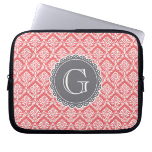 Capa Para Notebook Monograma de Cinza de Cor damasco Floral Coral