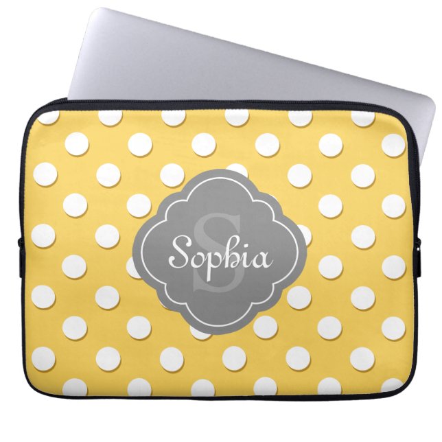 Capa Para Notebook Monograma de Cinza de Padrão de Bolinhas Amarelo (Frente)