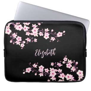 Capa Para Notebook Monograma de Flor de Cerejeira Preto Rosa