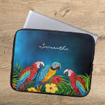 Capa Para Notebook Monograma de folhagem de palma de papagaios azuis<br><div class="desc">Aves tropicais,  papagaios em azul,  amarelo e vermelho sentados em folhas verdes de palma. Decorado com flores tropicais. Um céu azul escuro como fundo. A cor azul é irregular. Modelo para um nome,  script de estilo branco,  escrito à mão.</div>