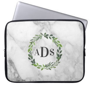 Capa Para Notebook Monograma de folhagem em mármore e aquarela