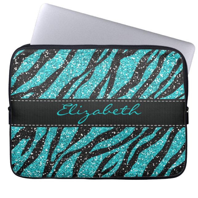 Capa Para Notebook Monograma de Impressão de Zebra Turquesa Glitter (Frente)