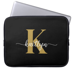 Capa Para Notebook Monograma de Letra Cursiva em Preto e Dourado