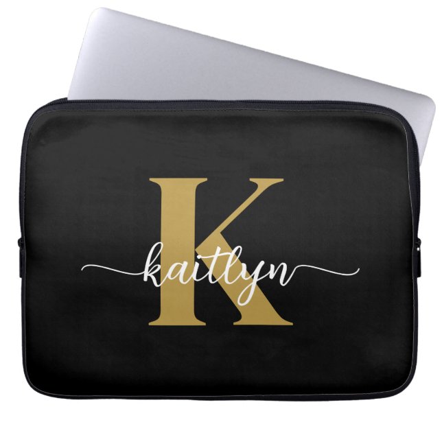 Capa Para Notebook Monograma de Letra Cursiva em Preto e Dourado (Frente)