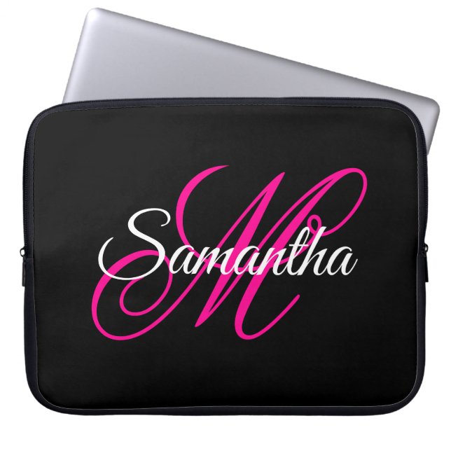 Capa Para Notebook Monograma de letra cursiva preta, branca e rosa (Frente)