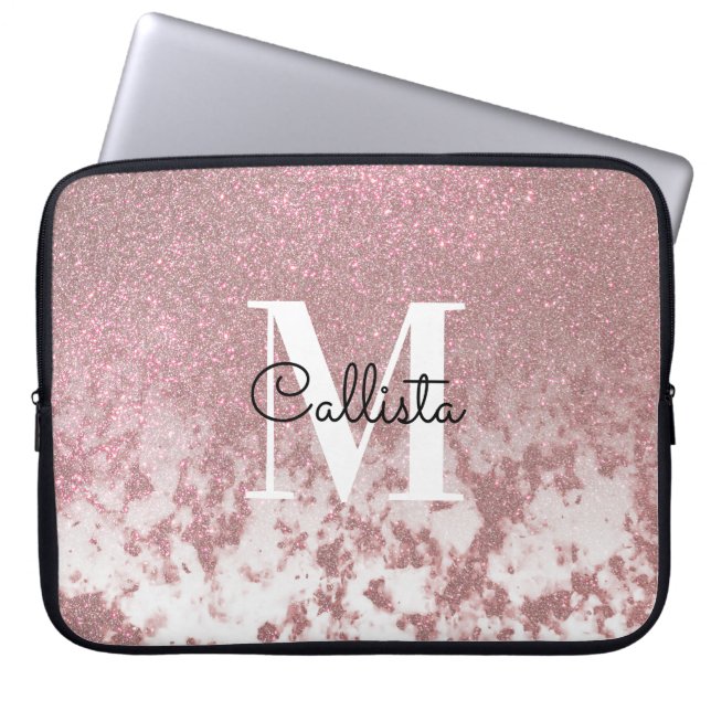 Capa Para Notebook Monograma de Mângua Glitter Dourada com Rosa cinza (Frente)