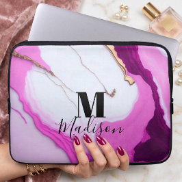 Capa Para Notebook Monograma de mármore branco com pingos de ouro ros