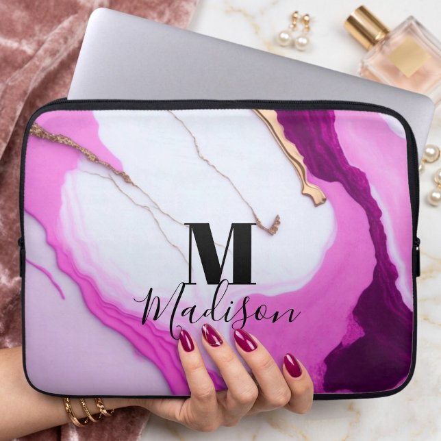 Capa Para Notebook Monograma de mármore branco com pingos de ouro ros (Criador carregado)