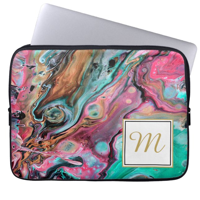 Capa Para Notebook Monograma de mármore rosa e verde (Frente)