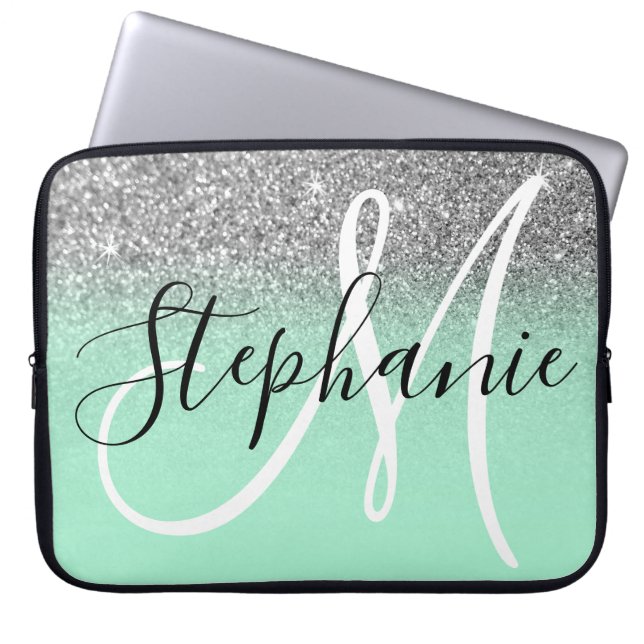 Capa Para Notebook Monograma de Mint Green e Silver Glitter (Frente)